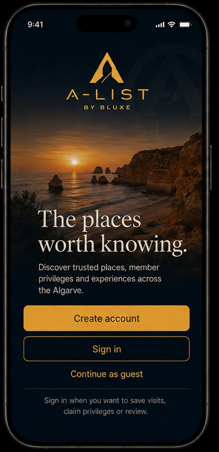 A-List by Bluxe mobile opening screen with Algarve sunset and options to create an account, sign in or continue as guest