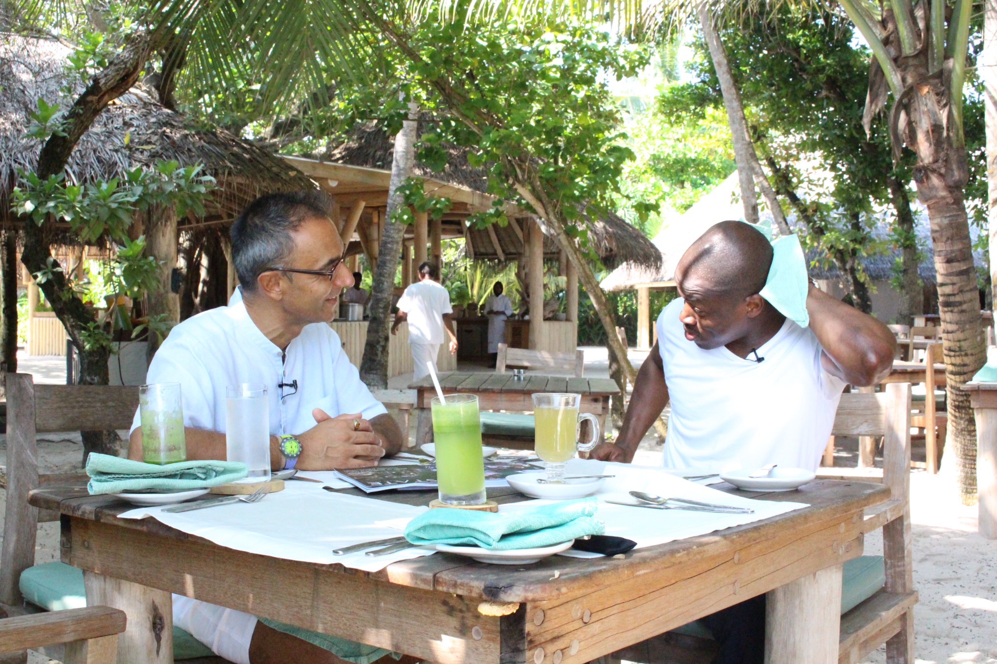 Sonu Shivdasani speaking with Joseph Farodoye at Soneva Fushi